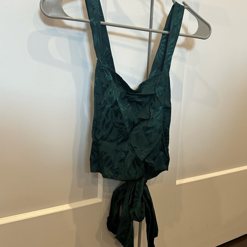 Green Patterned Tie Back Satin Tank Top